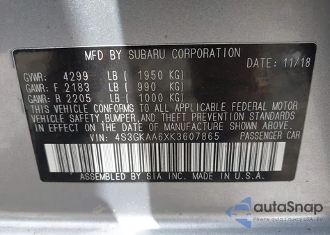 2019 Subaru Impreza 2.0I из США, поврежденный, VIN 4S3GKAA6XK3607865